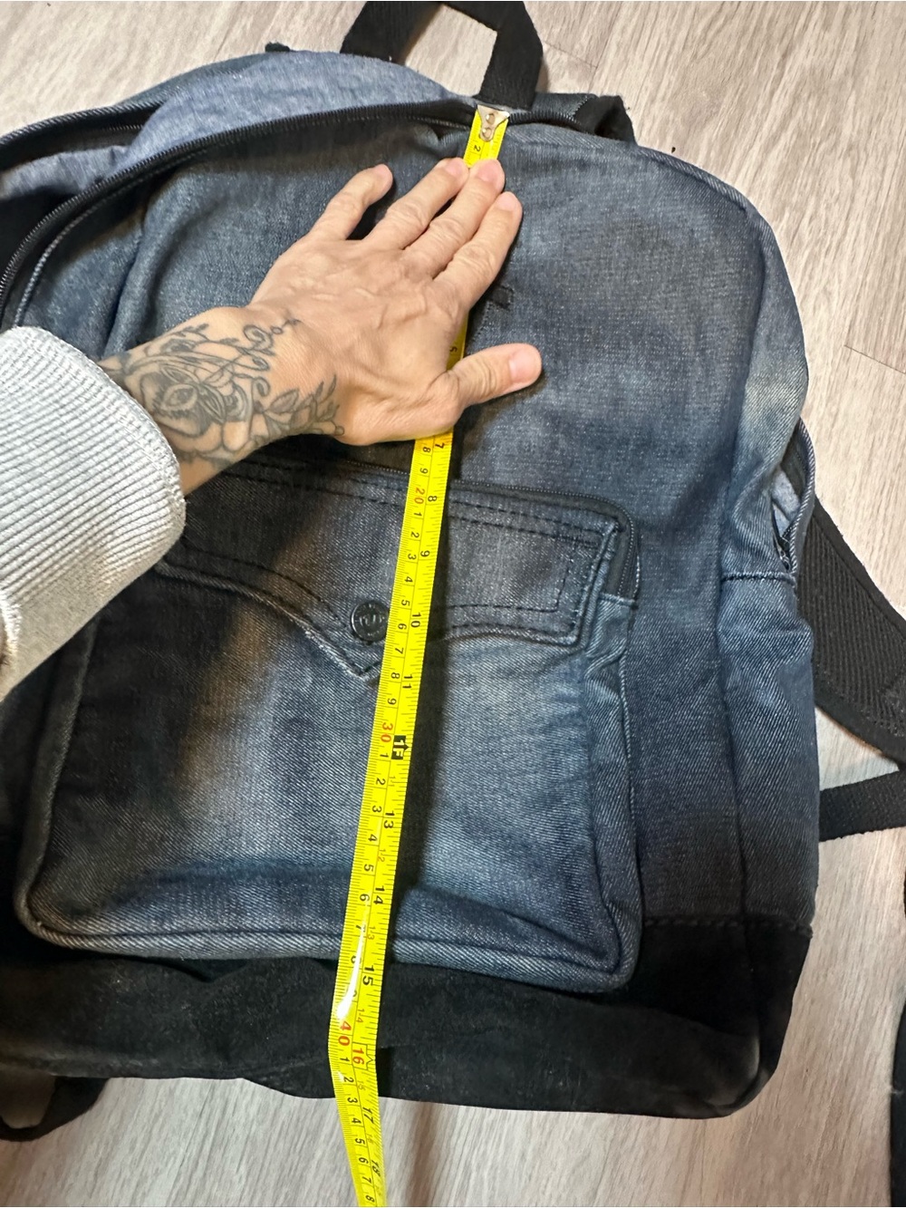 True Religion Gray Denim Backpack Black Suede Trim Laptop School Travel Bag - Picture 7 of 8